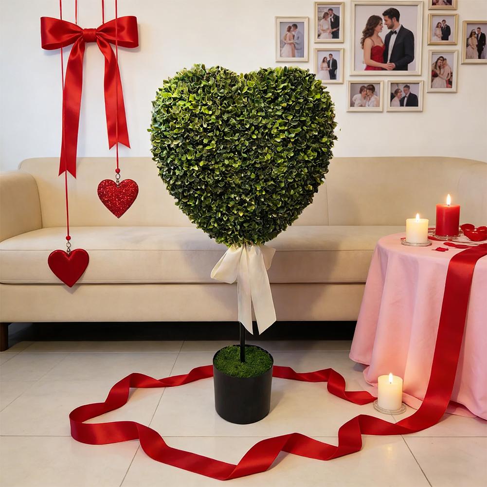 Valentine's Day Artificial Heart-Shaped Trees With Bow,Faux Plant For Valentinesday Garden Porch Decor 75cm Boxwood Potted Plant
