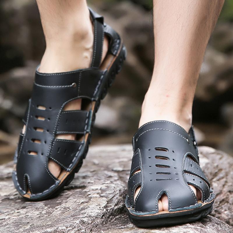 Men Brown Flats Slippers Summer Outdoor Wide Head Hiking Sandals Retro Black Leather Closed Toe Beach Shoes Plus Size