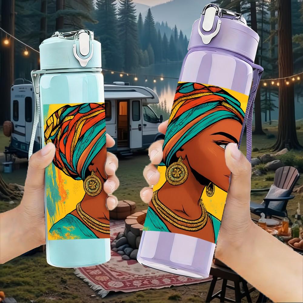 1PC African Girl Colorful Turban Print 750ml Color Plastic Sports Water Bottle Leakproof Flip Straw Lid Suitable for Sports Office Home Use