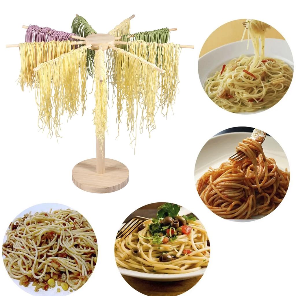Wooden Pasta Drying Rack with 9 Bar Arms, Detachable Noodle Drying Stand for Kitchen, Portable Spaghetti Hanger