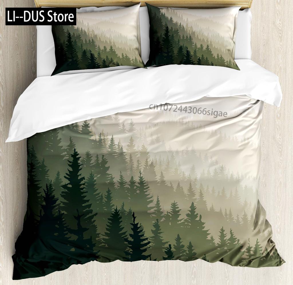 Pine Trees in The Forest Duvet Cover Set Foggy Decorative 3 Piece Bedding Set with 2 Pillow Shams Queen Full Size Warm Taupe