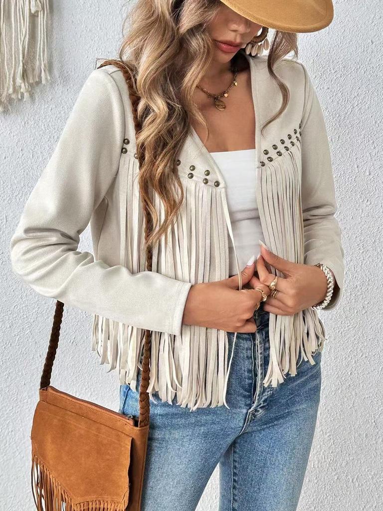 New Fringed Jacket with Faux Fur and Tassel Decoration, No Button Short Sleeve Women's Long Sleeve Cardigan Jacket