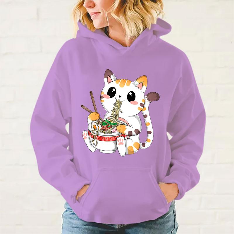 Neue Kawaii Katze isst Ramen Hoodies Damen Herren Teenager Lässiger Persönlichkeits-Pullover Mode Langarm Sweatshirt