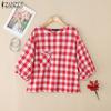 ZANZEA Women Loose Round Neck 3/4 Sleeve Casual Grid Print Blouse