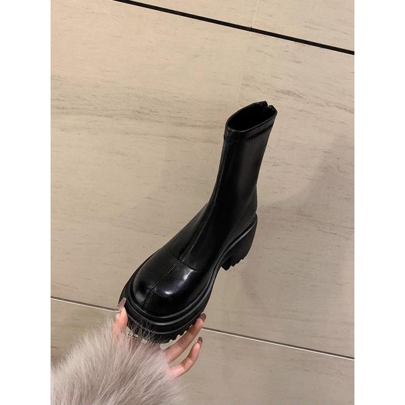 Round Head Rear Zipper Thick Bottom Thin Short Boots Women's Autumn and Winter New Korean Version High Thick Heel Short Tube Muffin Elastic Boots