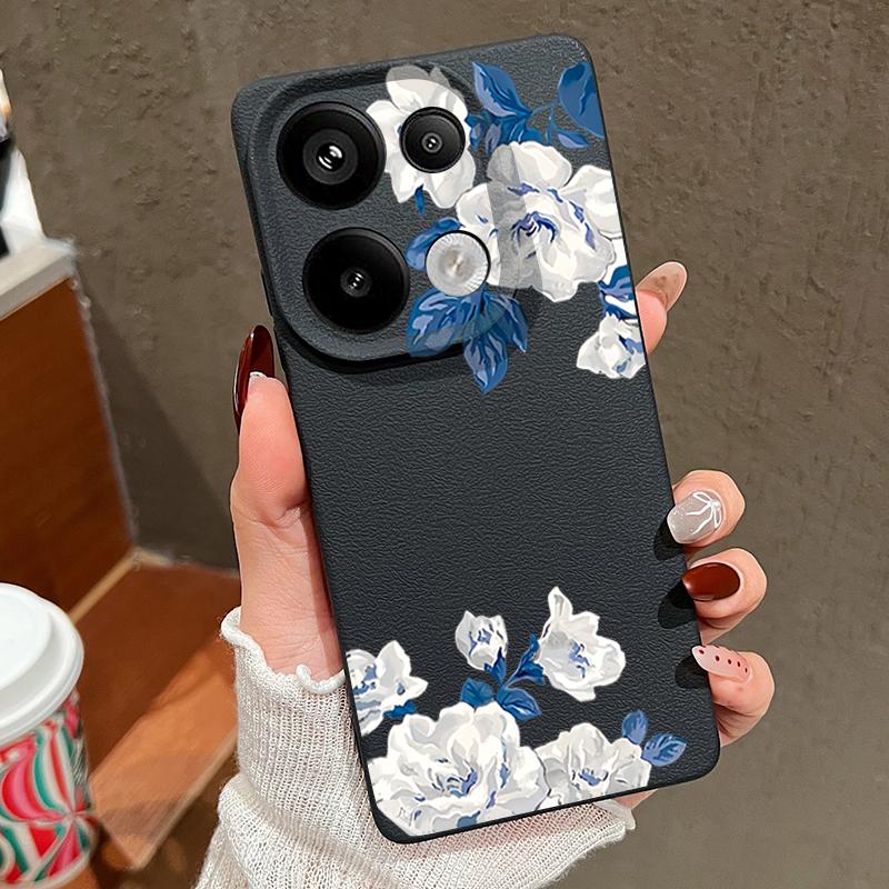 White Gardenia Floral Pattern Case For Xiaomi 14T 13T 11T Pro Funda Redmi Note 14 13 12 11 Pro 5G 4G Leather Texture Silicone Cover