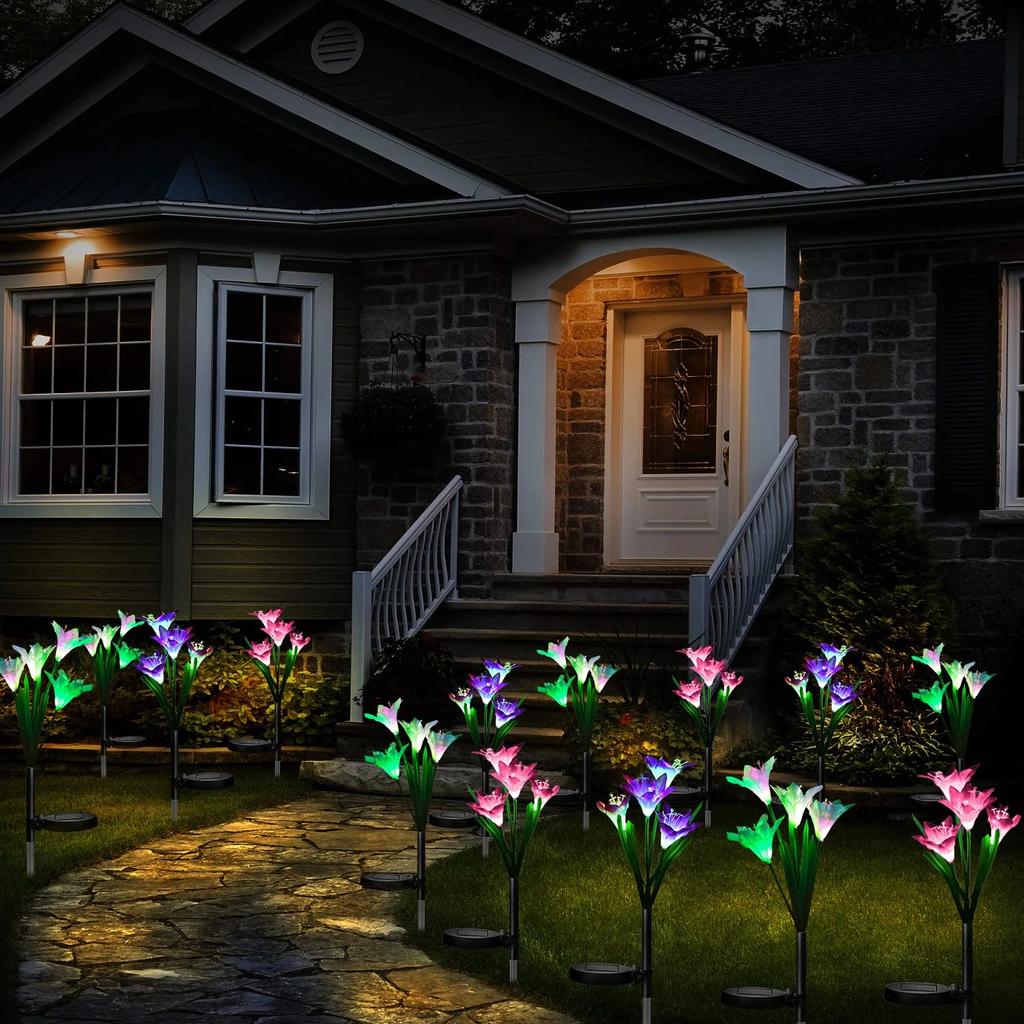Solar Lily Flower Lights Outdoor Waterproof LED Landscape Lamps for Path Yard Wedding Holiday Garden Decoration Flowers Lamp