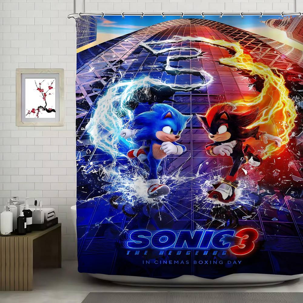 Sonic The Hedgehog White Shower Curtain, Bathroom Decorative Shower Curtain, Waterproof Shower Curtain With Hooks