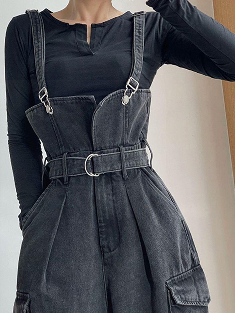 Salopette in denim da donna, jeans elasticizzati, vintage, con tasca, pantaloni da lavoro larghi