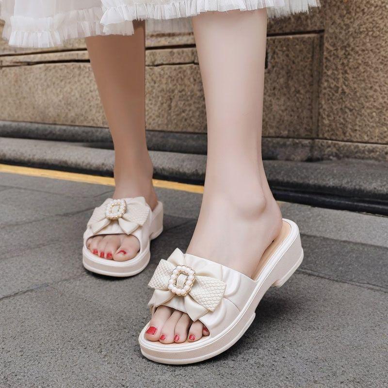 Summer Thick Sole Ladies Slippers Fashion Casual Bow Home Slippers Non-Slip Comfortable Sandals