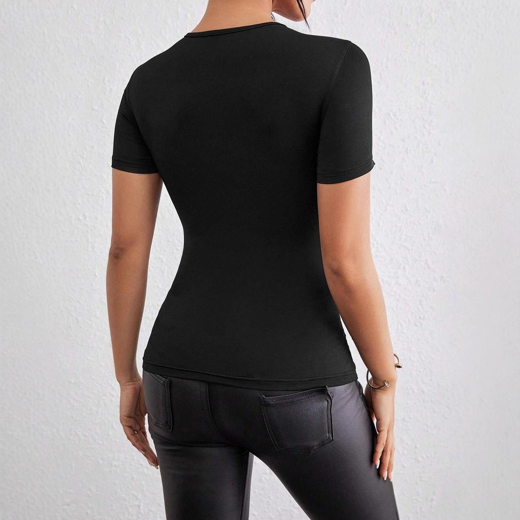 2025 Frühling/Herbst V-Ausschnitt Schlank Sexy Kreuz-Design Ausgeschnitten Kurzarm T-Shirt