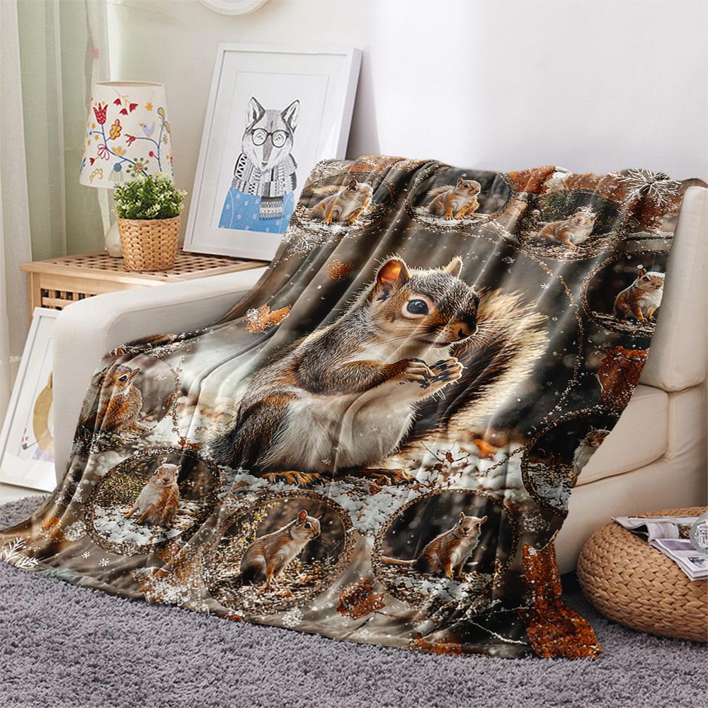 Squirrel Print Flannel Blanket, High quality Comfortable for All Seasons, Home Decor, Warmth and Comfort, Perfect for Christmas Gifts