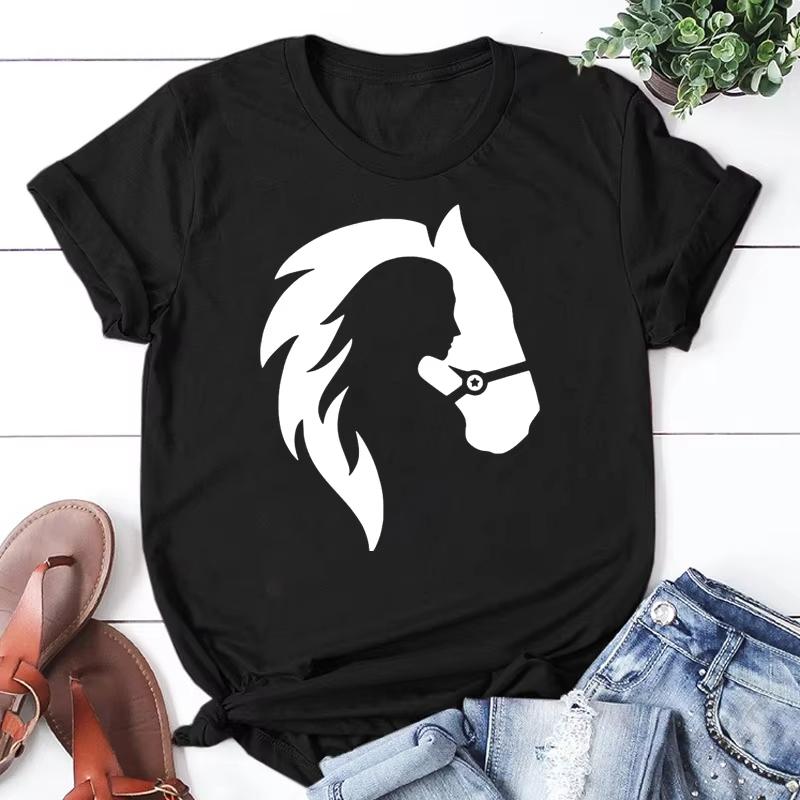 

Cute Horse Head Print T Shirts For WomenGirls Casual Round Neck Tees Top Summer Womens Loose Fit Tshirt S