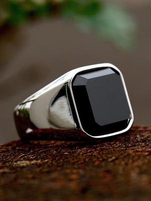 Retro Black Glass Onyx Ring For Men Alloy Classic Fashion Designer Ring Handmade Zircon Rock Hiphop Accessories Unisex Gift