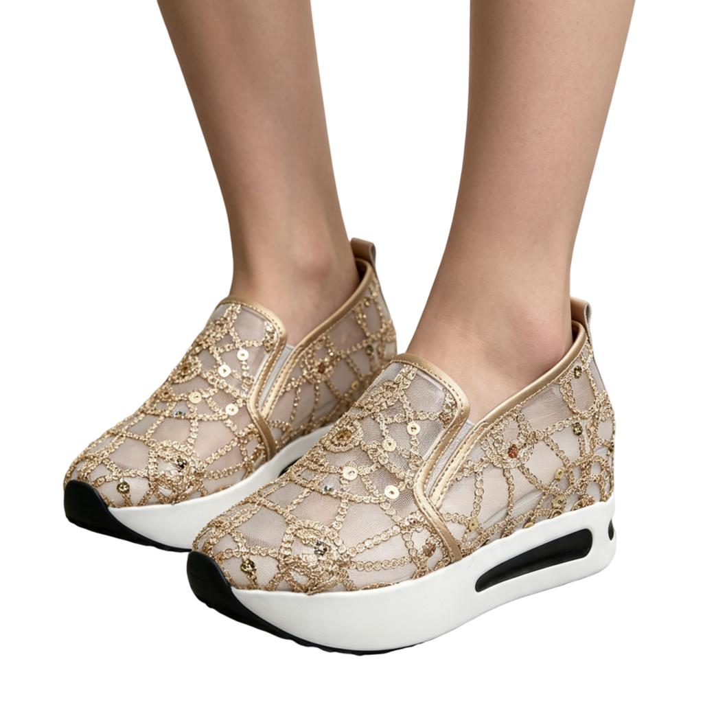 Women's Lace Sequin Embroidered Flat Shoes with Inner Lift for Daily Wear