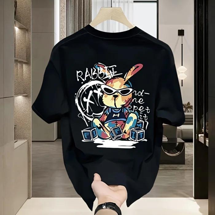Lockeres T-Shirt mit Hasen- und Karnevalsmusterdruck Lockeres Party-Hase Karneval Design Atmungsaktives Oberteil mit Rundhalsausschnitt und kurzen Ärmeln