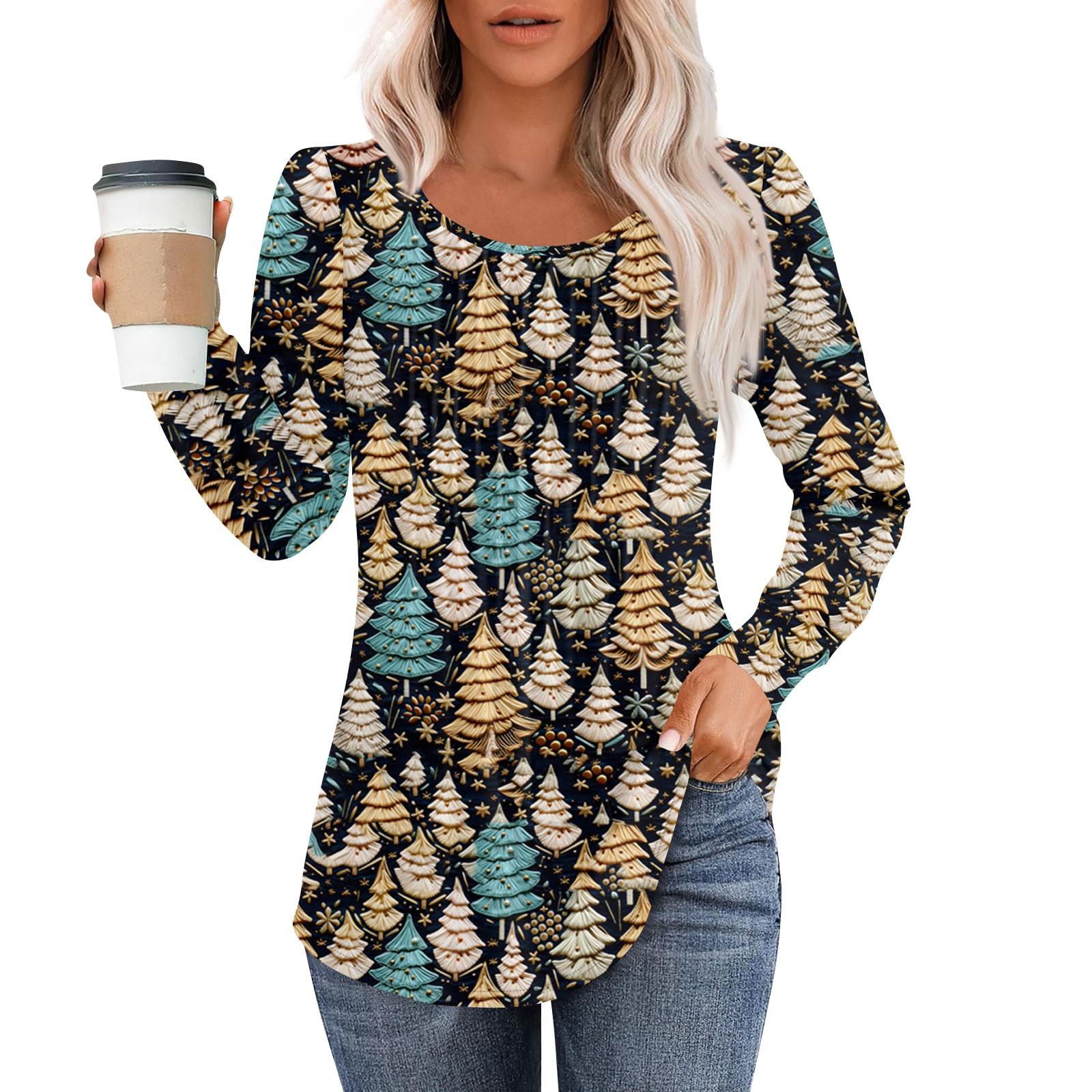 

Женская модная повседневная плиссированная футболка с круглым вырезом и рождественским принтом с длинными рукавами XL тёмно-синий