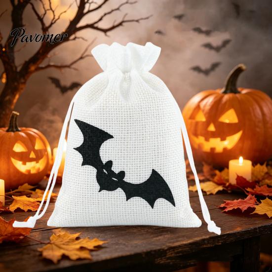 Small Fabric Storage Pouches Halloween Burlap Treat Bags, Pumpkin Ghost Bat Spider Witch Print Drawstring Rustic Bags Favors Candy for Cookies Snacks