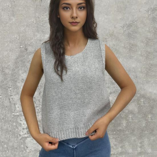 Women Knitted Vest Round Neck Sleeveless Crop Tank Back Bow Tie Decor Hollow Back Solid Color Sweater Vest