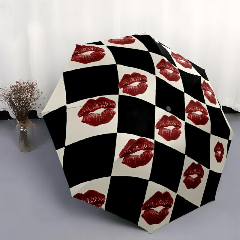 1pc Lips Chessboard Automatic Open/close, Heavy-Duty Iron Frame & 8-Rib Structure, Compact Folding Umbrella for Women/Men, All-Season Travel, Hallowee