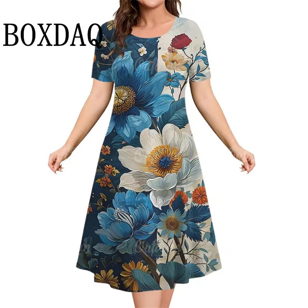 Casual Short Sleeve Woman Dress Elegant Summer Fashion Casual Loose Flowers 3D Print Dresses For Women 2025 Female Clothing