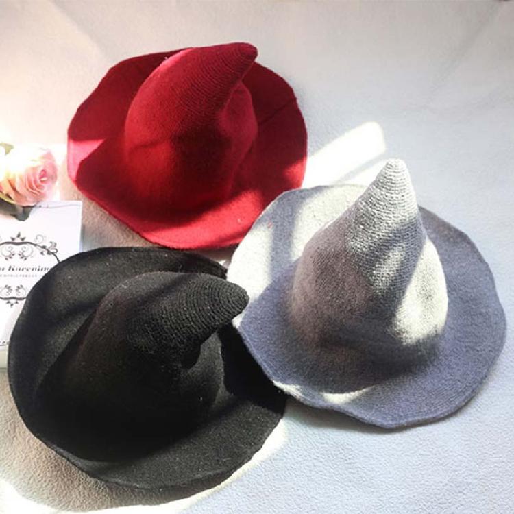 Women Witch Hat Wizard Hat Halloween Witch Pointed Hat Knitted Wool Cap Adult
