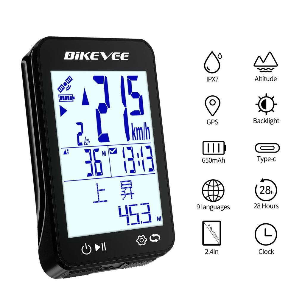 Bikevee GPS Wireless Bicycle Speedometer Cycle Computer with Automatic Start/Stop, Automatic Backlight, Waterproof, Odometer (MPH/KM/H), 2.4-inch FSTN