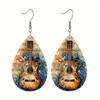 Fashion Water Drop PU Leather Earrings Vintage Musical Notation Pattern Drop Earrings Colorful Music Score Guitar Flower Pattern Teardrop Earrings