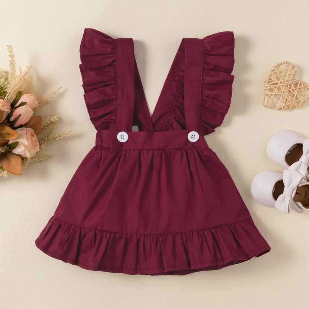 Newborn Ribbed Outfit Ruffle Sleeve Romper Color Suspender Skirt Set 2PC Headband 0-36M