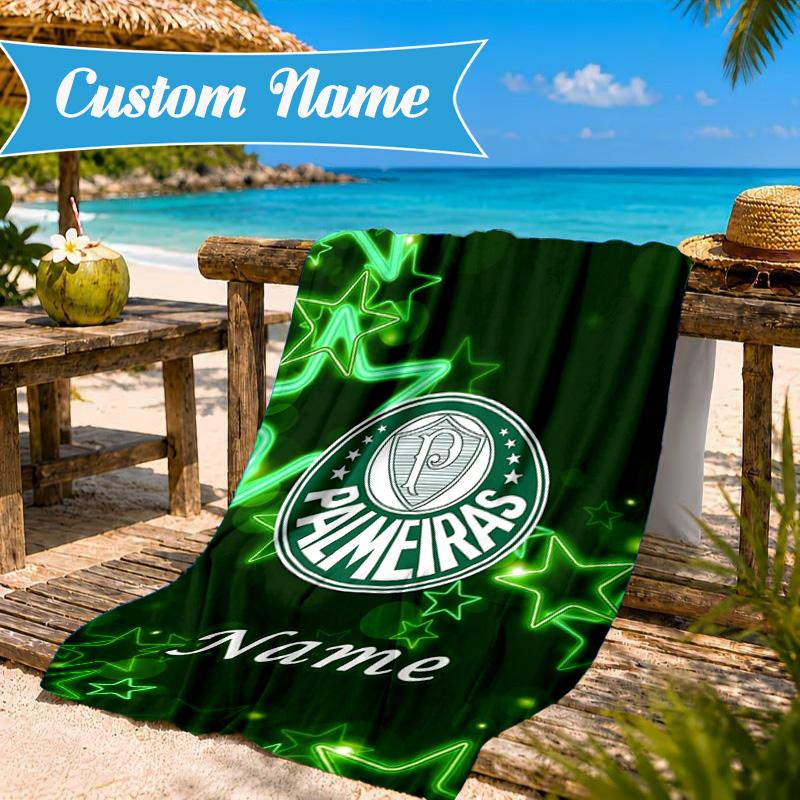 Custom Name Beach Towel Green Palm Tree Emblem Microfiber Beach Towel, Lightweight for Summer Travel, Swimming Pool Fan Birthday Gift