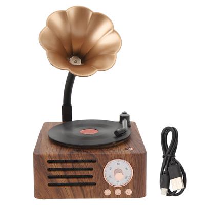 Portable Bluetooth Speaker Wood Grain Vintage Rotatable Record Player Shape Stereo Speaker