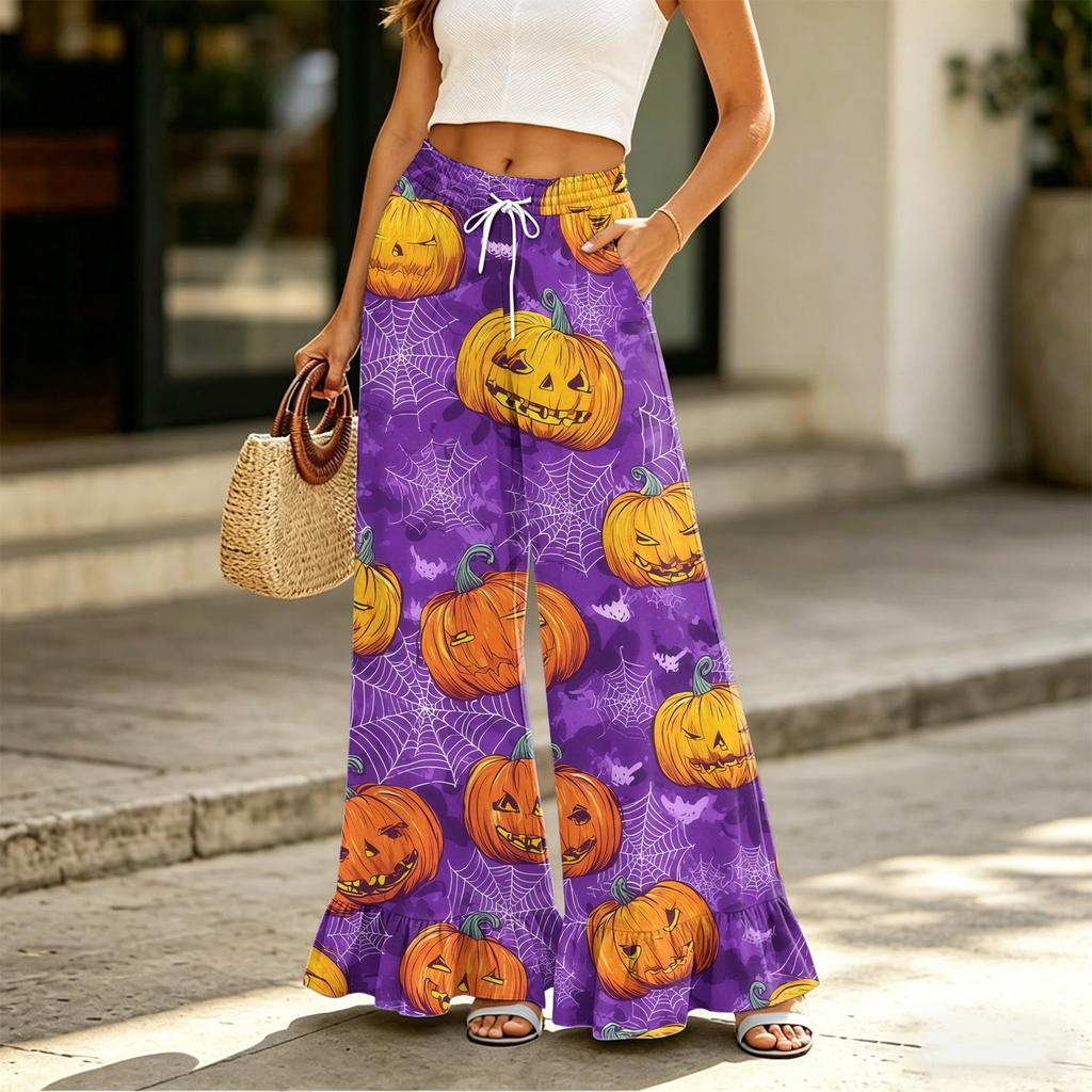 Women's High Waist Drawstring Wide Leg Pants with Pockets Halloween Print Loose Casual Trousers