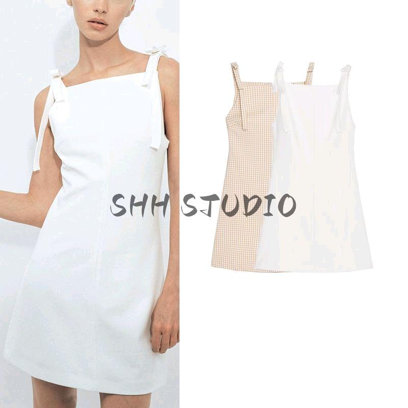 Spring New Women's Clothing Bows Shoulder Strap Straight Collar Stretch Sleeveless Sling Short Dress 3152336