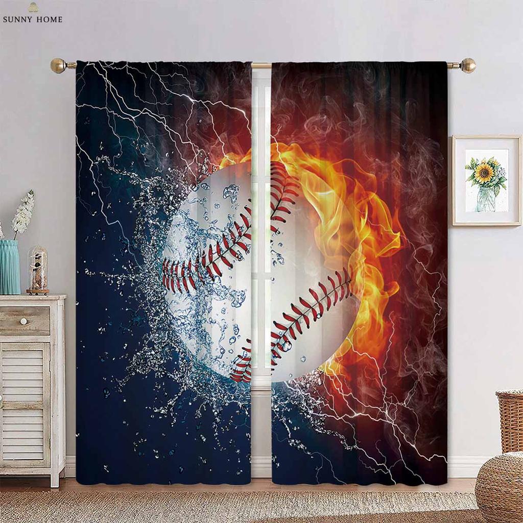 Wasser Feuer Basketball Cool Sport 3D Gedruckter Vorhang Stangentasche Jungen Mädchen Zimmer Wohnzimmer Küche Dekorative Vorhänge 2 Stück
