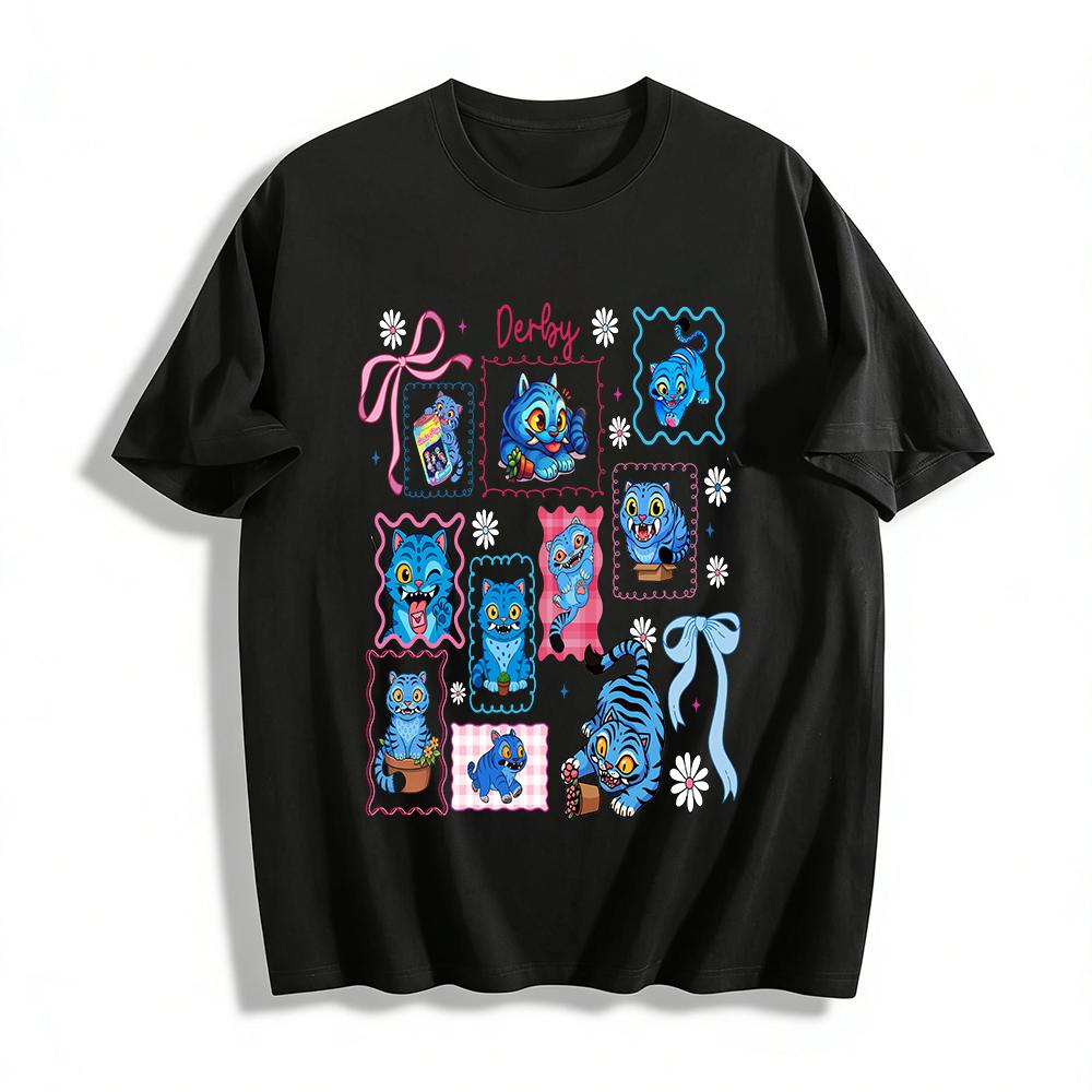 

Funny Grumpy Blue Tiger Derby Print T-Shirts Unisex Cute Animal Graphic Casual Tees Pure cotton T-shirt 6XL