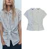 Summer New Product Women's Clothes Linen Blend Bow Tie Stripes Flip Collar Short Sleeve Shirt 8138863 8138805