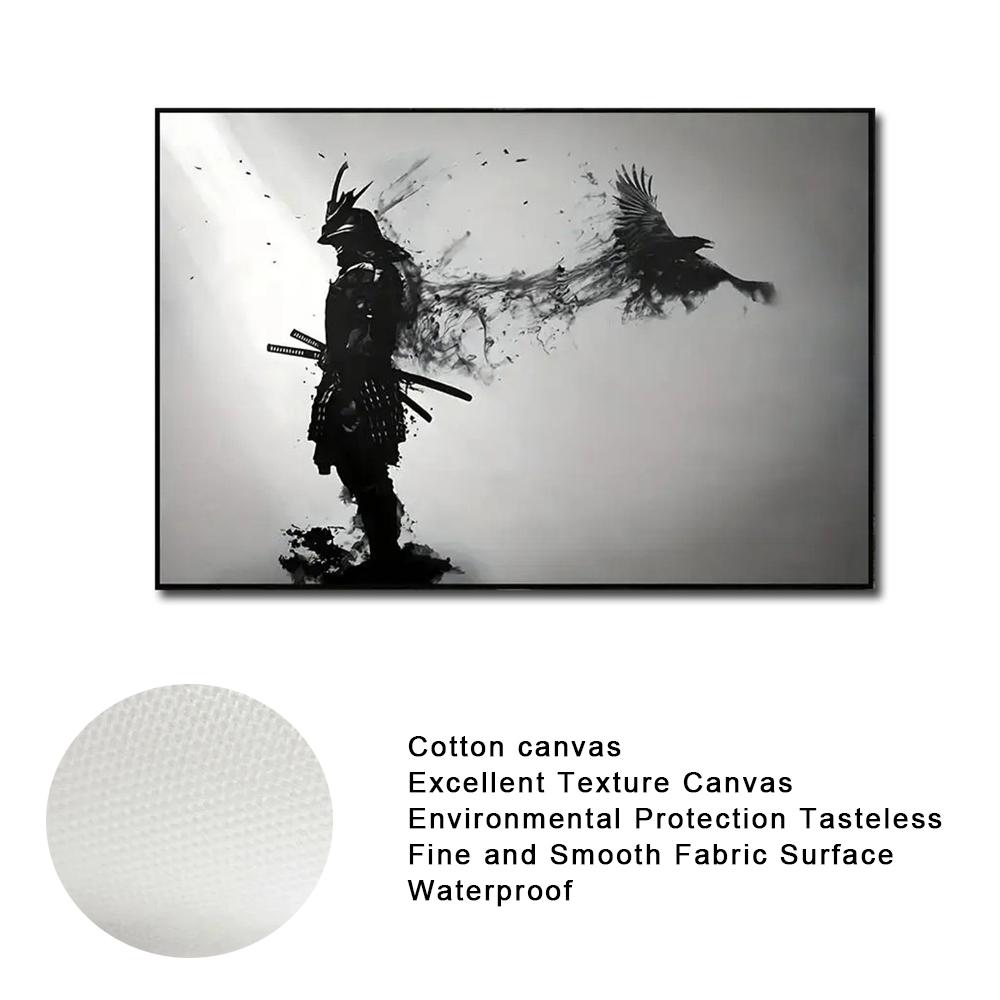 Black and White Japanese Black Samurai Man with Crow Posters and Print Wall Art Canvas Painting for Living Room Cuadros Decor 60 X 40 Cm