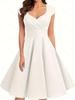 Elegant Retro Women's V-neck Waist-cinching Wide-hem Dress - Solid Color Fashionable Light Luxury