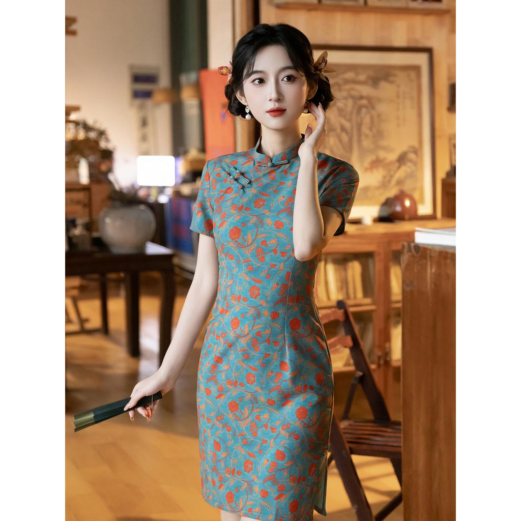 New Chinese elegant stand-up collar jacquard short-sleeved cheongsam dress women's summer temperament small short cheongsam daily wear