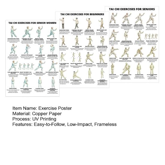 3Pcs Tai Chi Exercise Guide Poster Set for Seniors Beginner Tai Chi Workout Chart for Elderly Low-Impact Balance Mobility Home