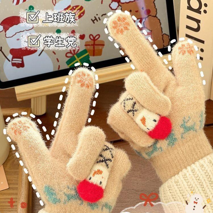Winter Thermal Gloves Female Plush Cartoon Cute Christmas Snowman Five Fingers Can Touch the Screen Student Knitting