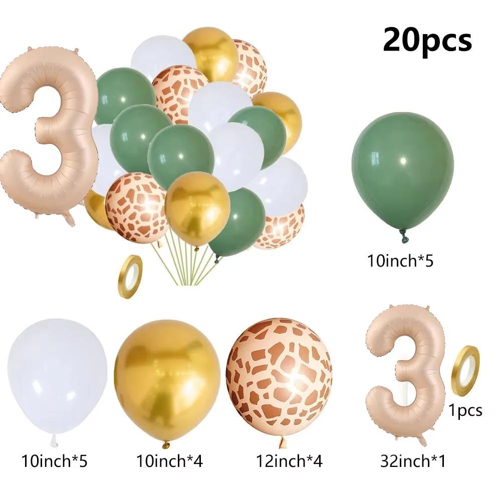 20pcs Jungle Animal Theme Party Sage Green Balloon Caramel Number 0-9 Foil Balloons Happy Birthday Party Baby Shower Decoration