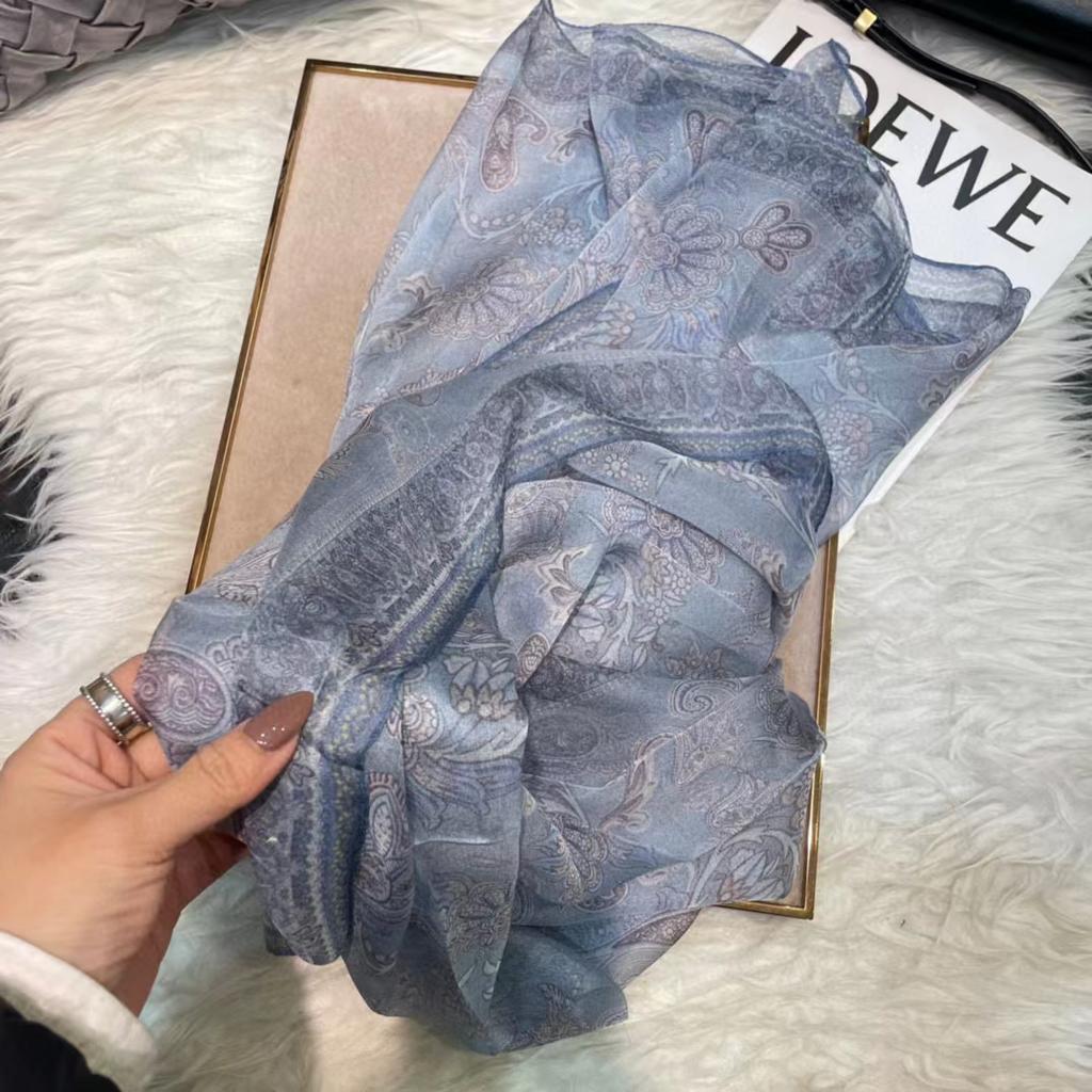 [Bysifa] Grey Blue Silk Scarf Cape Fashion Ladies 100% Silk Long Scarves Foulard Women Plaisley Design Chiffon Scarves Bufandas