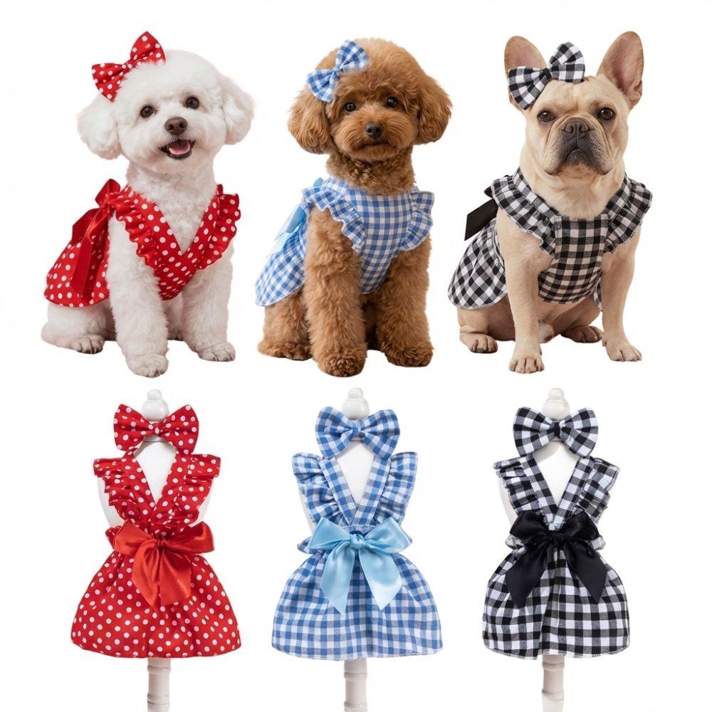 Bow Headband Cat Dog Princess Dress Polka Dots Printing Pet Dress Cute Pet Skirts Spring Summer