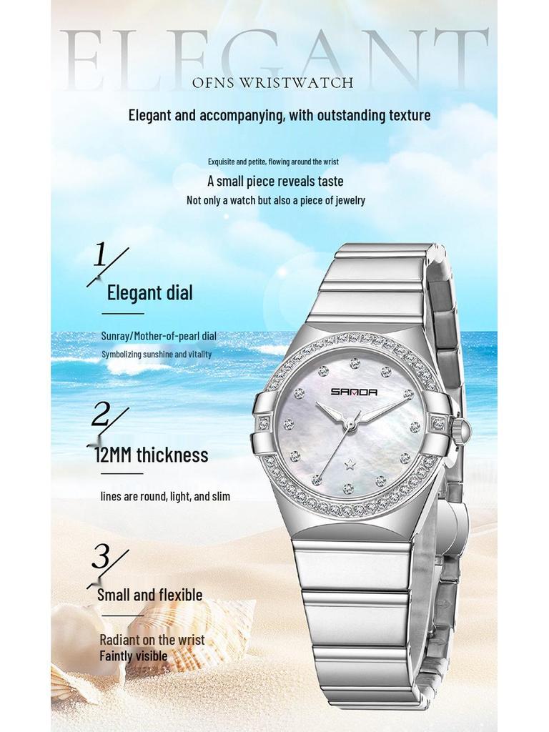 SANDA Dames Luminous Kwarts Horloge: Stalen Band, Bez Diamonds, Waterdicht, met Sunray Parelmoer Wijzerplaat.