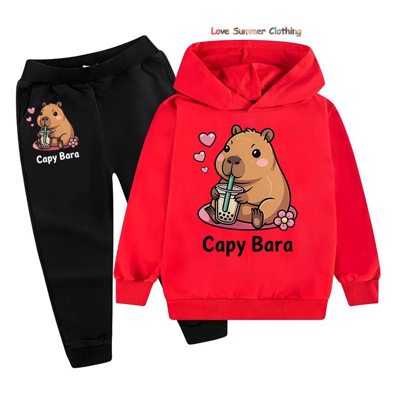 2-teiliges Mädchen Capybara Hoodie Jogginghosen Set Kinder Gemütliches Outfit Capybara Grafik Lässige Spielkleidung Maschinenwaschbar Alltag Sport Passendes Outfit für Jungen