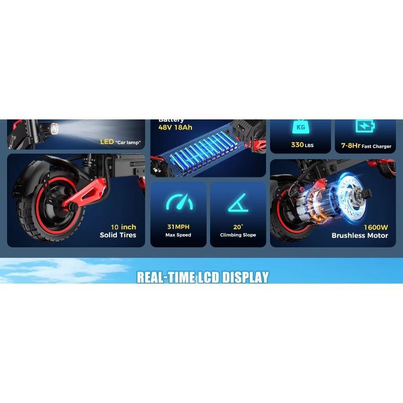 FREEBOY J15Max Electric Scooter for Adults, 1600W Motor, 48V 18Ah Battery, 50KM Range, 50KM/H, 10-Inch Tires