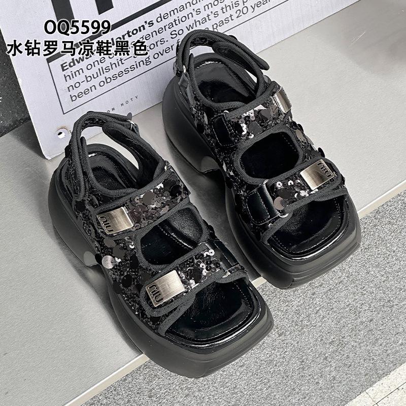 Sandals summer new leather catwalk platform thick heel sequins small casual 34 чёрный