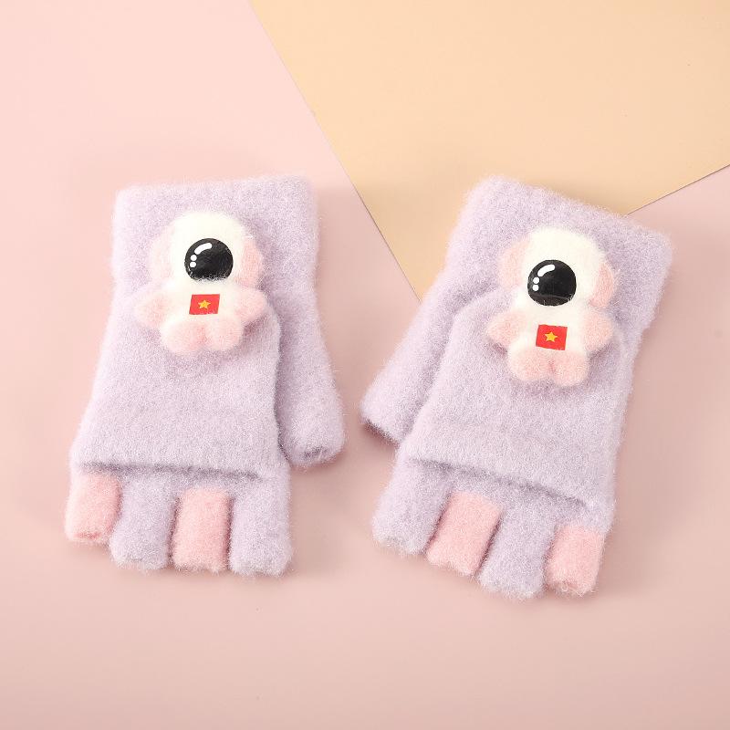 Children's Astronaut Half finger Gloves with Velvet Warm Flip Baby Writing Gloves Cold Proof and Thickened Primary School Students' Gloves