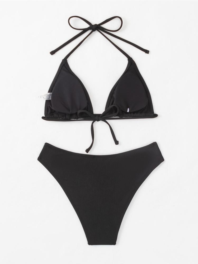 Ribbed Triangle Cup Tie Side Sexy Bikini Swimsuit Fashionable For Summer Holiday